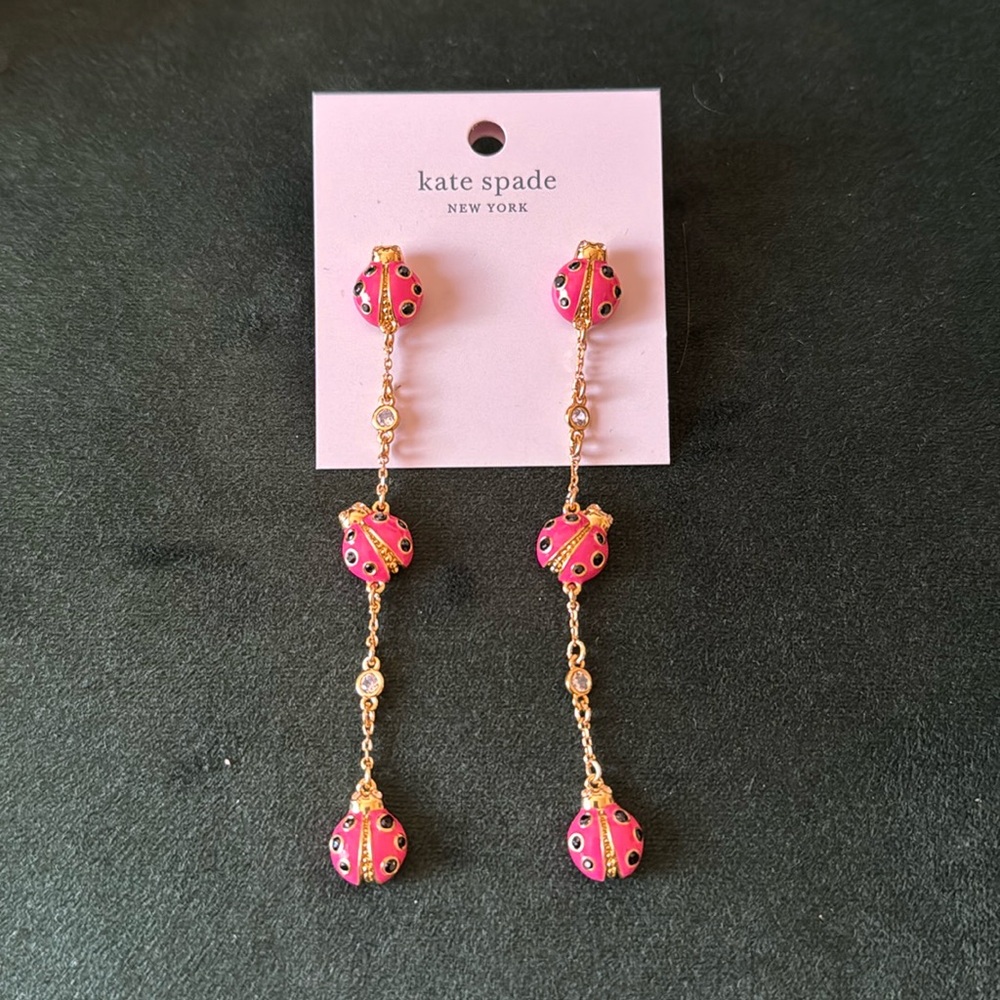 NWT Kate spade jewelry Long Gold Tone Pink Enamel
Ladybugs Earrings Drop Dangle